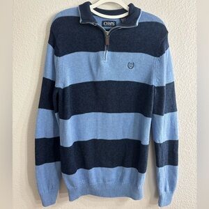 Chaps Men's Light Blue and Navy Striped Quarter Zip-Up knit Sweater Small